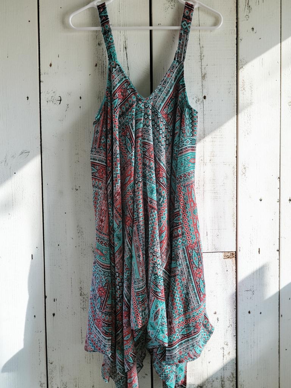 Magic Teal and Coral Printed Asymmetrical Sundress